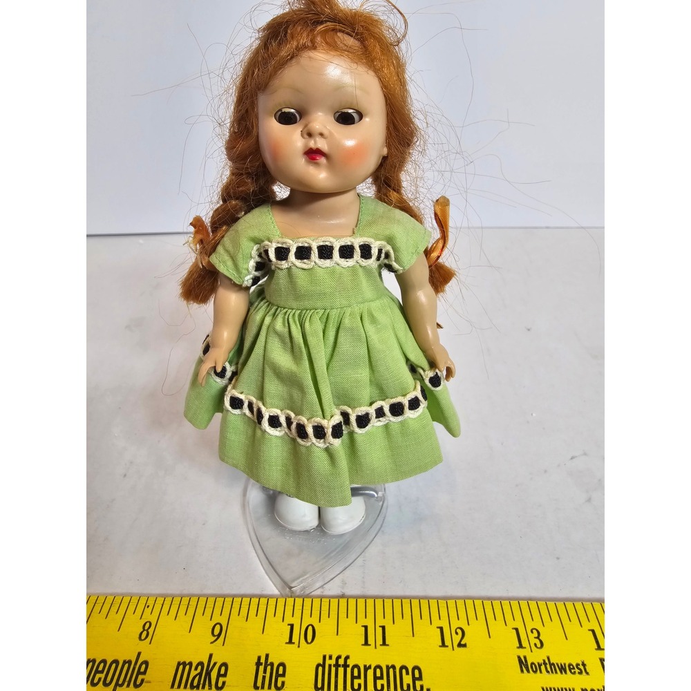 Vintage Vogue Ginny Doll Red Hair Pigtails Green Dress Sleep Eyes 7.5 Inch Stand